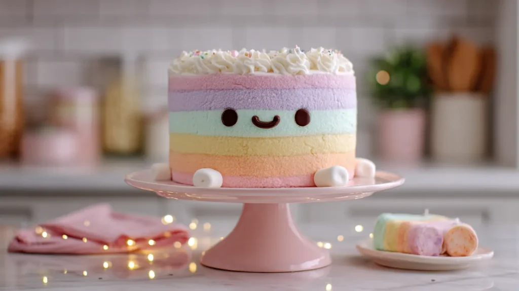 Rainbow Jellycat Birthday Cake Recipe – Colorful Layers Inspired by the Plush 1 Pastel rainbow Jellycat birthday cake with smiling face, whipped cream frosting, and marshmallow feet on a pink cake stand