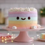 Pastel rainbow Jellycat birthday cake with smiling face, whipped cream frosting, and marshmallow feet on a pink cake stand