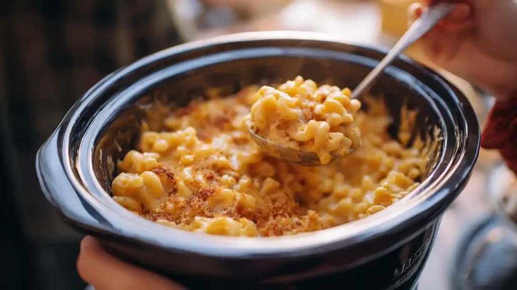 Slow Cooker Mac and Cheese: The Ultimate Student Comfort Food 3 Creamy slow cooker mac and cheese being served with a ladle from a black crockpot