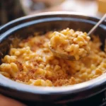 Creamy slow cooker mac and cheese being served with a ladle from a black crockpot