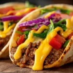 Close-up of a smash burger taco with ground beef, melted cheddar, lettuce, tomatoes, and red onions in a flour tortilla