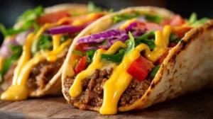 Close-up of a smash burger taco with ground beef, melted cheddar, lettuce, tomatoes, and red onions in a flour tortilla