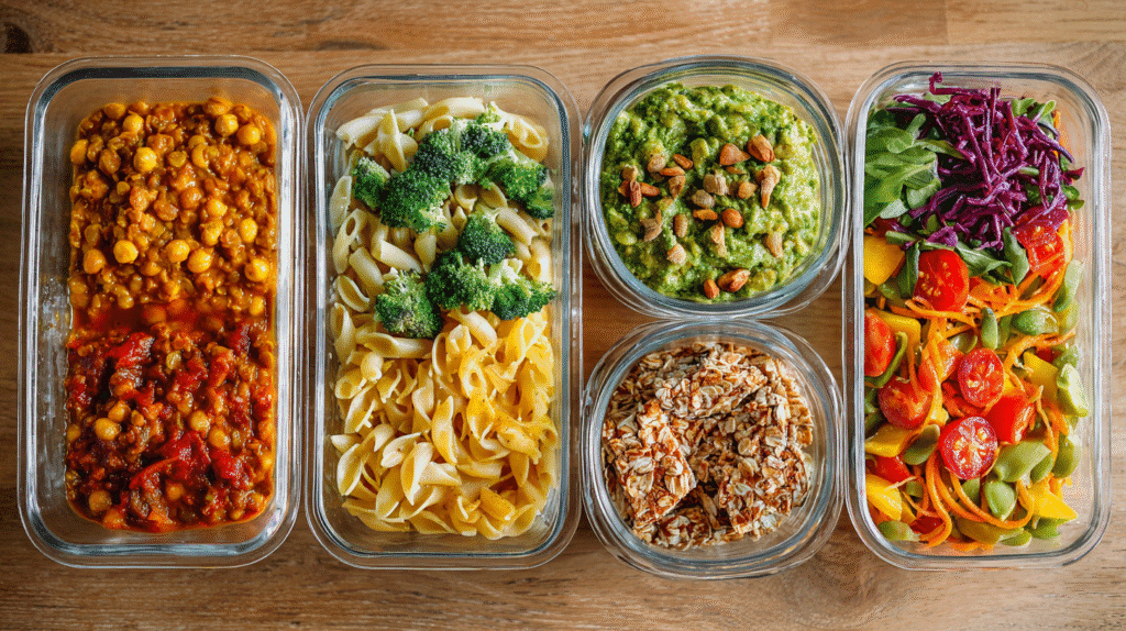Assorted vegan meal prep ideas for students in containers