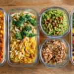 Assorted vegan meal prep ideas for students in containers