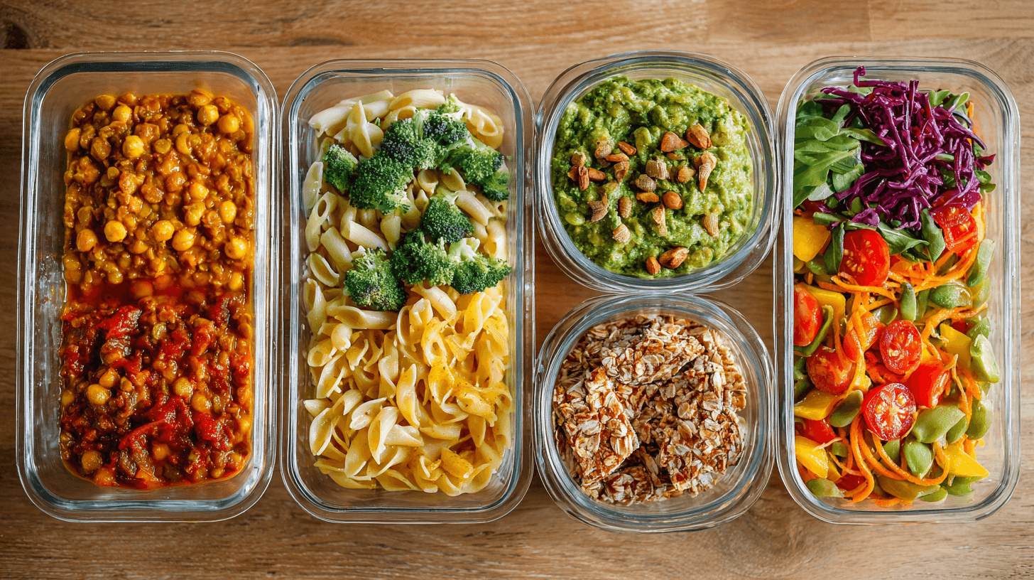 Assorted vegan meal prep ideas for students in containers