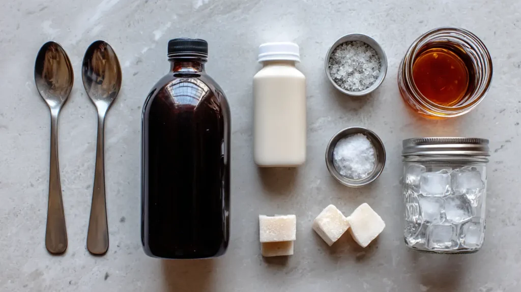 Vanilla Sweet Cream Cold Brew 10 Flat lay of ingredients on a small kitchen counter: cold brew coffee bottle, heavy cream, vanilla syrup, ice cubes, measuring spoons, and a mason jar. Dorm-style minimalist setup.