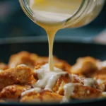 Alfredo sauce being poured over golden brown chicken pieces in a skillet