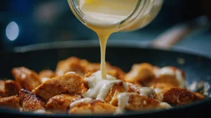 Alfredo sauce being poured over golden brown chicken pieces in a skillet