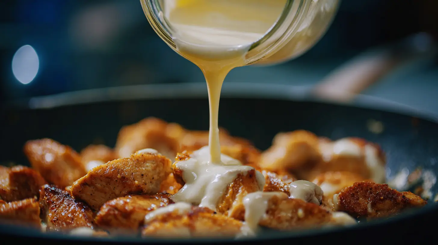Alfredo sauce being poured over golden brown chicken pieces in a skillet