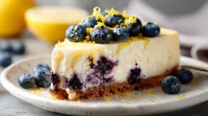 Slice of lemon blueberry cheesecake with fresh blueberries and lemon zest on top