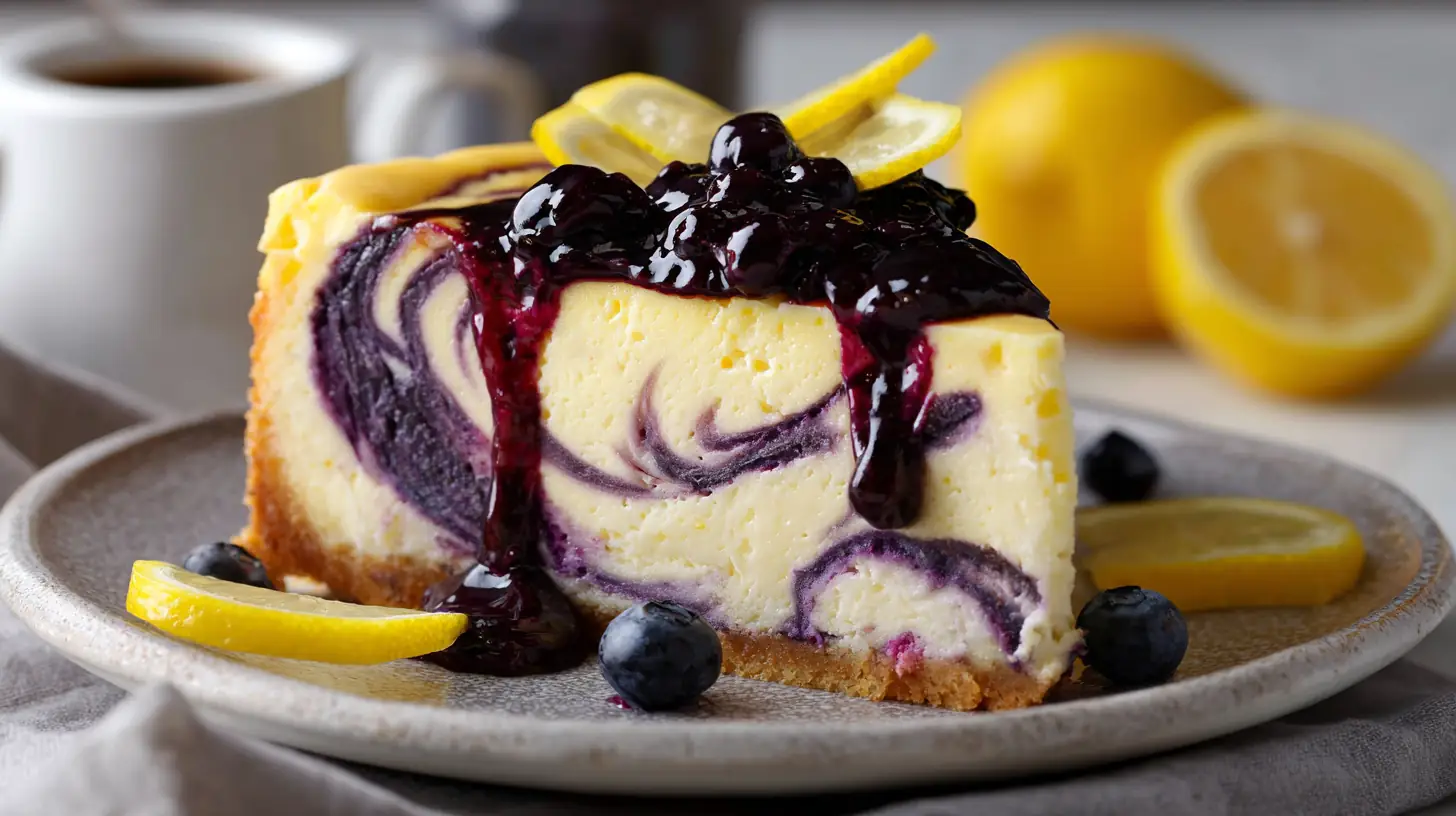 Slice of lemon blueberry swirl cheesecake with blueberry compote on top