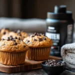 High-protein chocolate chip cupcakes on a wooden board with a protein powder container in the background