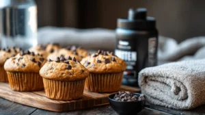 High-protein chocolate chip cupcakes on a wooden board with a protein powder container in the background