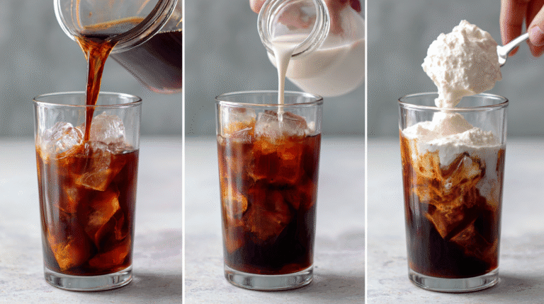 Vanilla Sweet Cream Cold Brew 11 Step-by-step 3-panel collage (1) Pouring cold brew into a glass with ice, (2) Mixing cream with vanilla syrup in a small jar, (3) Topping the drink with the frothy vanilla sweet cream. Bright and clean look.