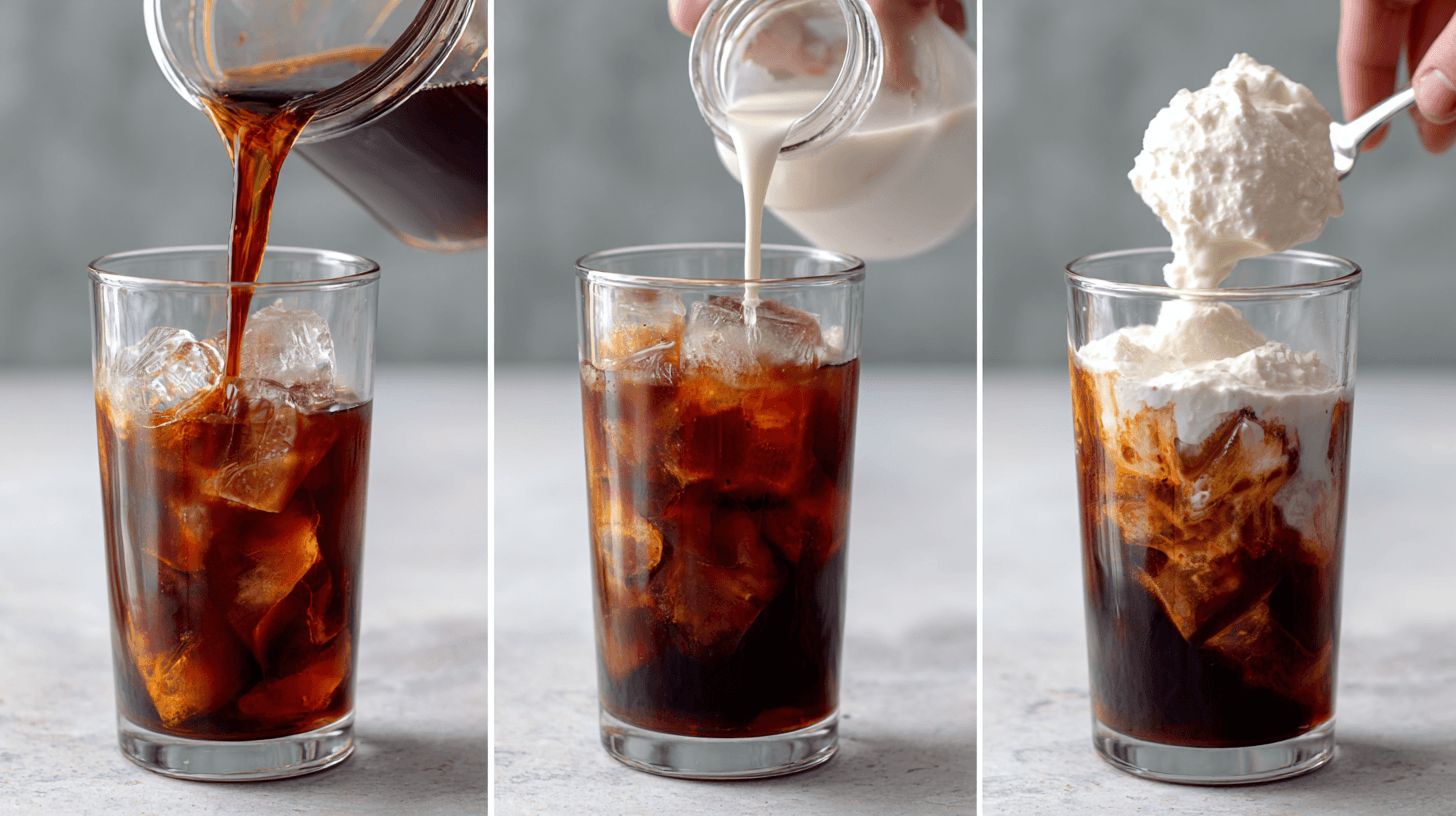Vanilla Sweet Cream Cold Brew 3 Step-by-step 3-panel collage (1) Pouring cold brew into a glass with ice, (2) Mixing cream with vanilla syrup in a small jar, (3) Topping the drink with the frothy vanilla sweet cream. Bright and clean look.