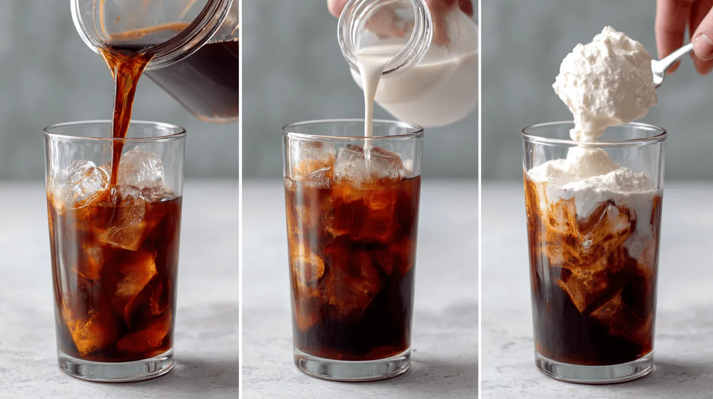 Step-by-step 3-panel collage (1) Pouring cold brew into a glass with ice, (2) Mixing cream with vanilla syrup in a small jar, (3) Topping the drink with the frothy vanilla sweet cream. Bright and clean look.