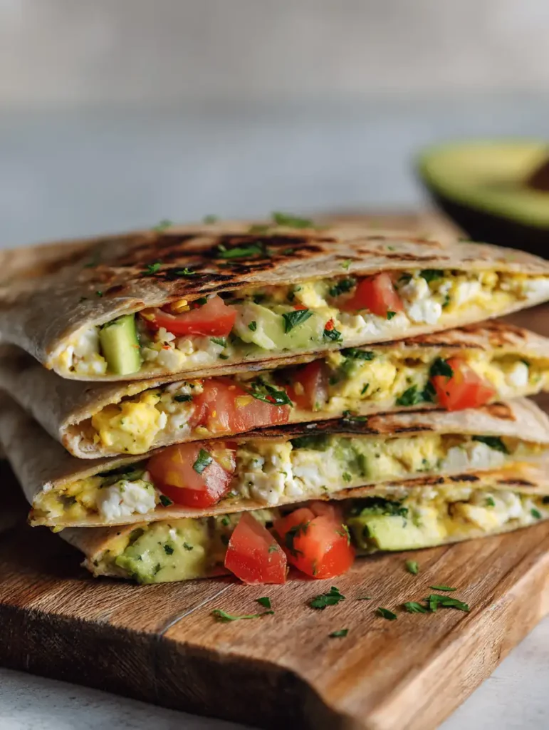 Grilled quesadilla wedges stacked on a wooden board, filled with scrambled eggs, avocado, cottage cheese, tomatoes, and herbs.
