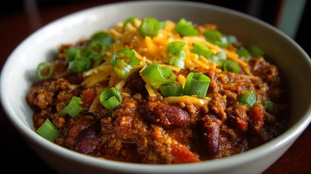 Student Chili Con Carne: Easy, Cheap, and Delicious 7 Hearty chili con carne topped with shredded cheddar and green onions in a white bowl