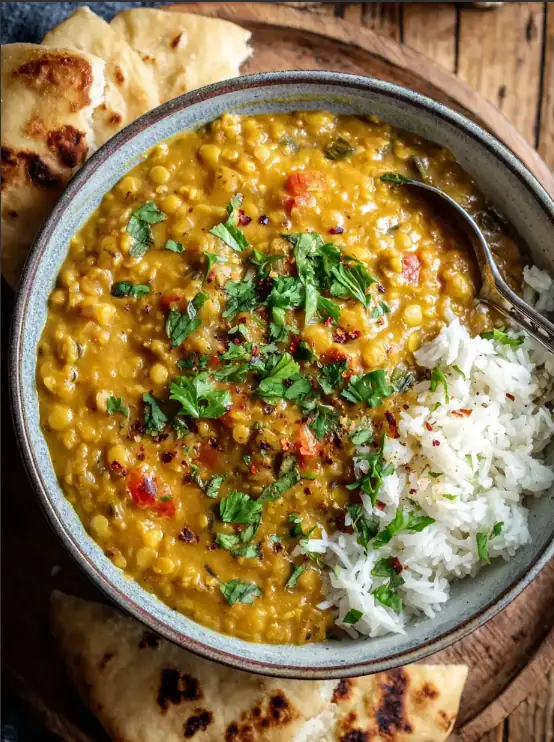 A bowl of coconut lentil curry served with white rice and garnished with fresh cilantro, accompanied by pieces of naan bread.