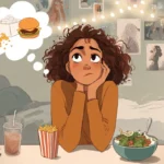 A college student sitting at a small dorm table, with a split thought bubble above their head. One side shows greasy takeout like burgers, fries, and soda; the other side displays healthy homemade meals like egg bites, overnight oats, and salad. The background includes dorm decor like posters, fairy lights, and scattered books. Cartoonish or semi-realistic illustration style.