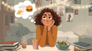 A college student sitting at a small dorm table, with a split thought bubble above their head. One side shows greasy takeout like burgers, fries, and soda; the other side displays healthy homemade meals like egg bites, overnight oats, and salad. The background includes dorm decor like posters, fairy lights, and scattered books. Cartoonish or semi-realistic illustration style.