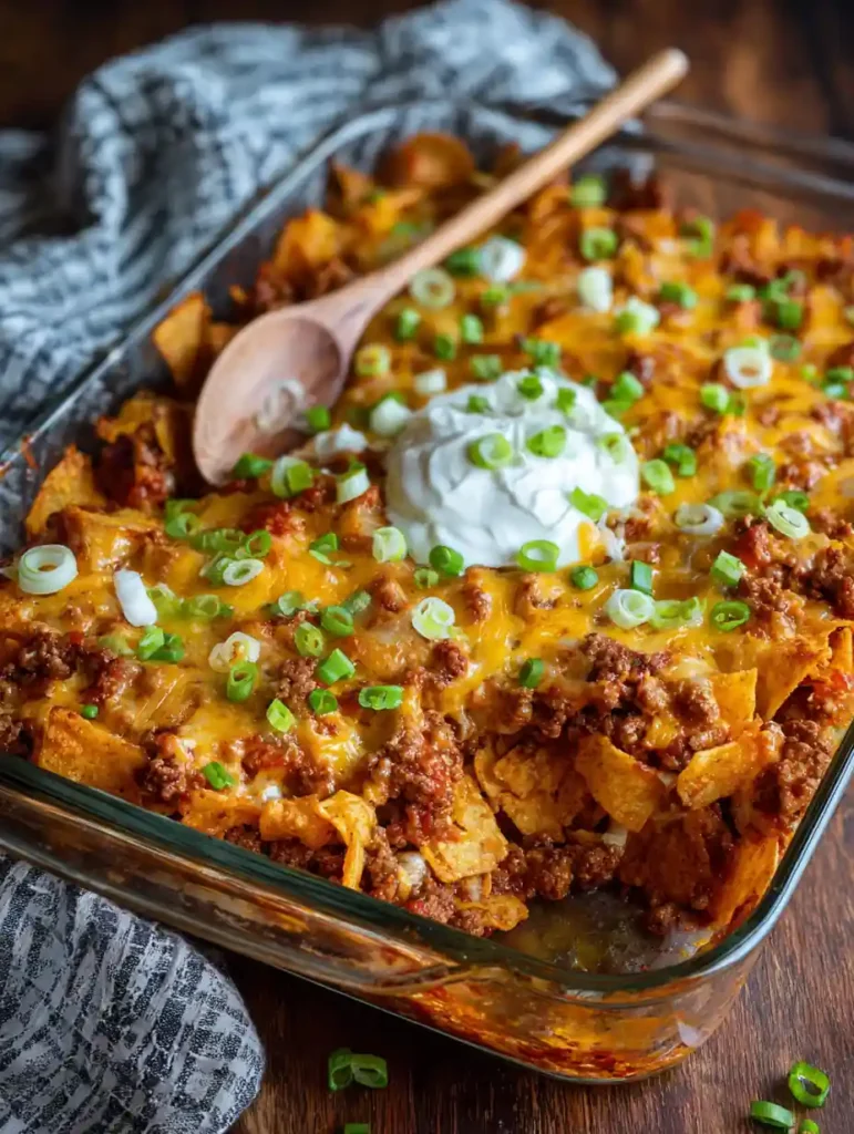 A glass baking dish filled with cowboy casserole made of ground beef, cheese, tortilla chips, and topped with sour cream and chopped green onions.