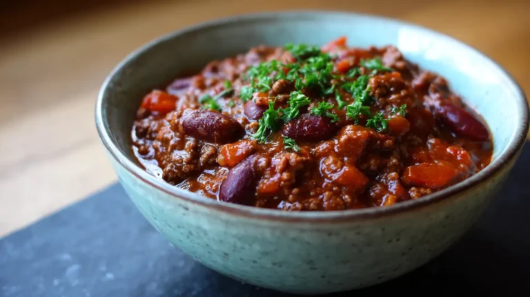 Student Chili Con Carne: Easy, Cheap, and Delicious 9 Chili con carne in a ceramic bowl, topped with chopped parsley and served with kidney beans and diced tomatoes