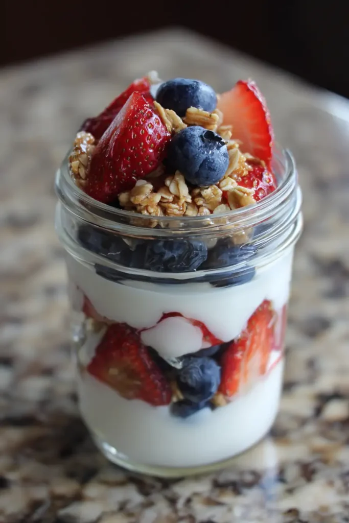 Clean Simple Eats Recipes 6 A glass jar filled with a Greek yogurt parfait layered with creamy yogurt, fresh strawberries, blueberries, crunchy granola, and drizzled honey on top.