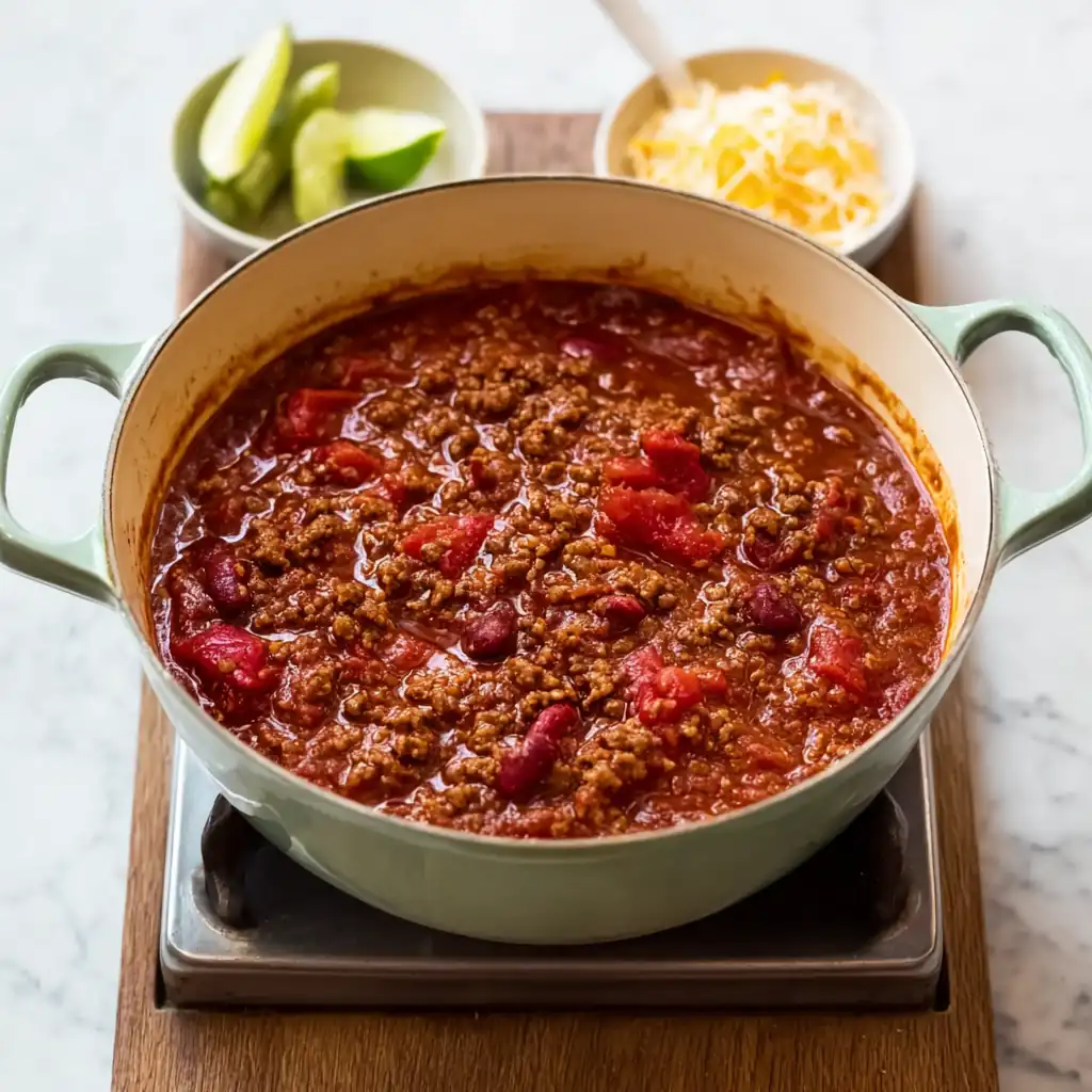 Student Chili Con Carne: Easy, Cheap, and Delicious 8 Chili con carne simmering in a green Dutch oven with kidney beans and tomatoes