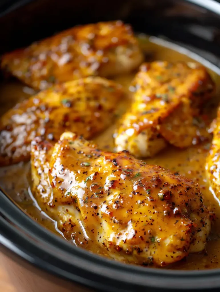 Juicy chicken breasts in a slow cooker covered in a glossy honey mustard sauce with herbs and spices.