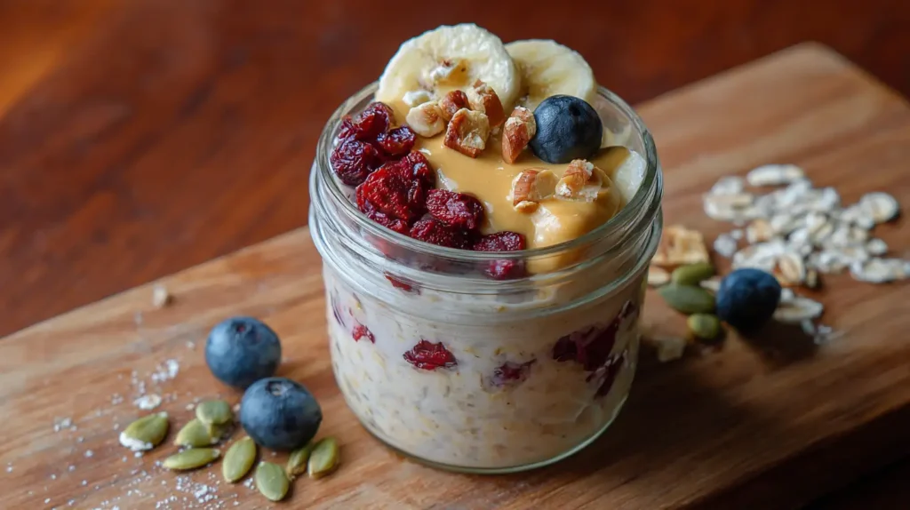 A jar of overnight oats topped with peanut butter, sliced bananas, dried cranberries, chopped nuts, and fresh blueberries, sitting on a wooden board with scattered oats, pumpkin seeds, and berries.