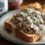 A slice of toasted white bread topped with creamy ground beef and gravy, served with a side of crispy potatoes on a white plate.