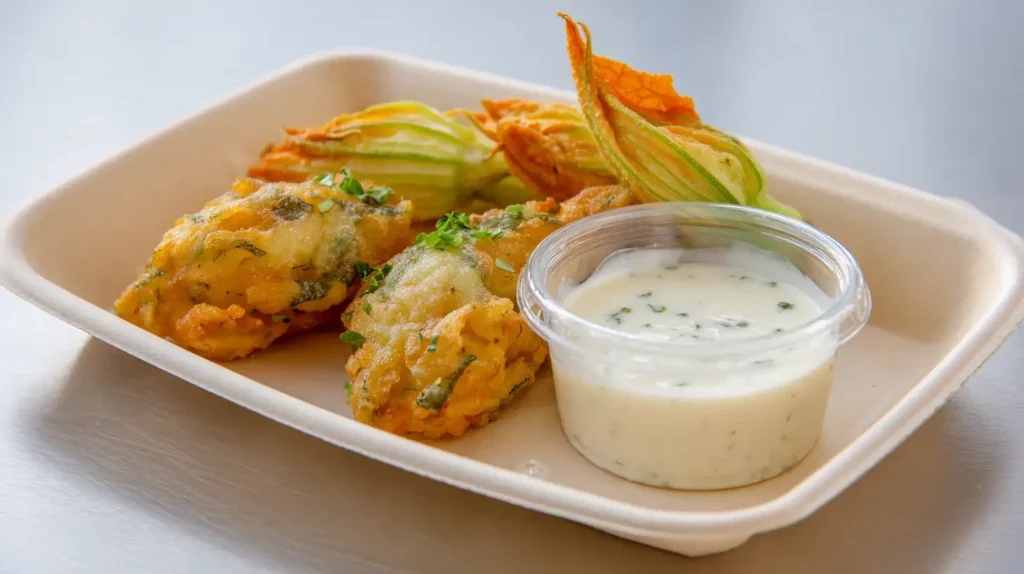 Stuffed Zucchini Flowers: Easy and Budget-Friendly Recipe for Students 5 Three golden-brown stuffed zucchini flowers served in a compostable tray with creamy herb dipping sauce.