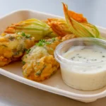 Three golden-brown stuffed zucchini flowers served in a compostable tray with creamy herb dipping sauce.