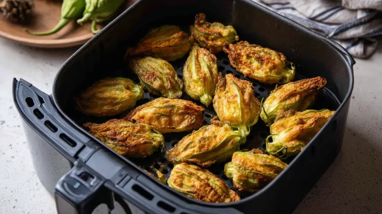 Stuffed Zucchini Flowers: Easy and Budget-Friendly Recipe for Students 7 Crispy air-fried zucchini flowers arranged in an air fryer basket, perfectly golden and evenly cooked.
