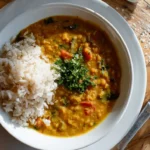Bowl of coconut lentil curry served with rice — an easy, one-pot student meal