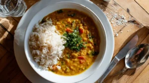 Bowl of coconut lentil curry served with rice — an easy, one-pot student meal