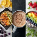 food collage for student meal clean simple eats recipes side by side oats, chicken bowl, skillet, protein mug cake, smoothie — fresh, colorful, minimal,