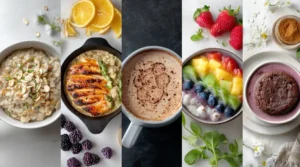 food collage for student meal clean simple eats recipes side by side oats, chicken bowl, skillet, protein mug cake, smoothie — fresh, colorful, minimal,