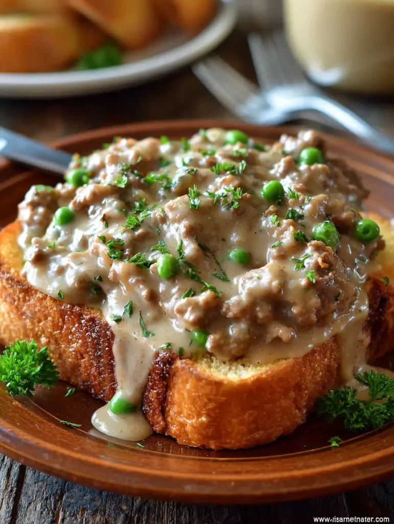 A slice of toasted bread topped with creamy ground beef gravy and green peas, garnished with chopped parsley and served on a rustic wooden plate.