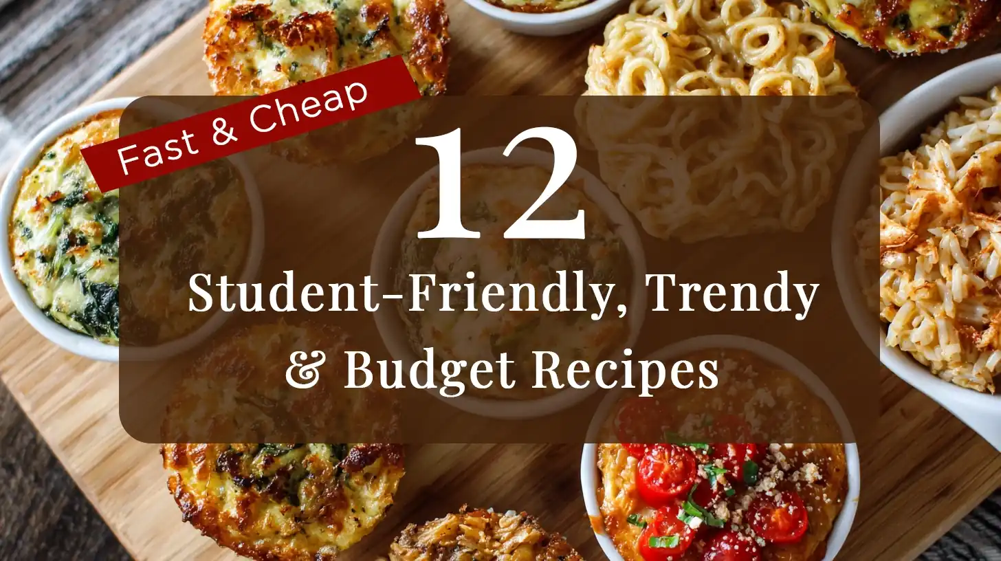 Student budget recipes – 12 dorm-friendly, trendy, and cheap meal ideas such as egg muffins, instant noodles, rice bowls, and easy microwave snacks for college students.