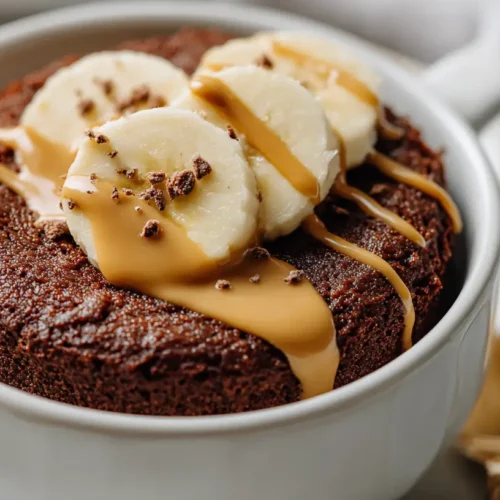A close-up of a fluffy chocolate protein mug cake topped with a drizzle of peanut butter and banana slices, in a white mug on a small plate. Bright, appetizing, Instagram-worthy food photo.