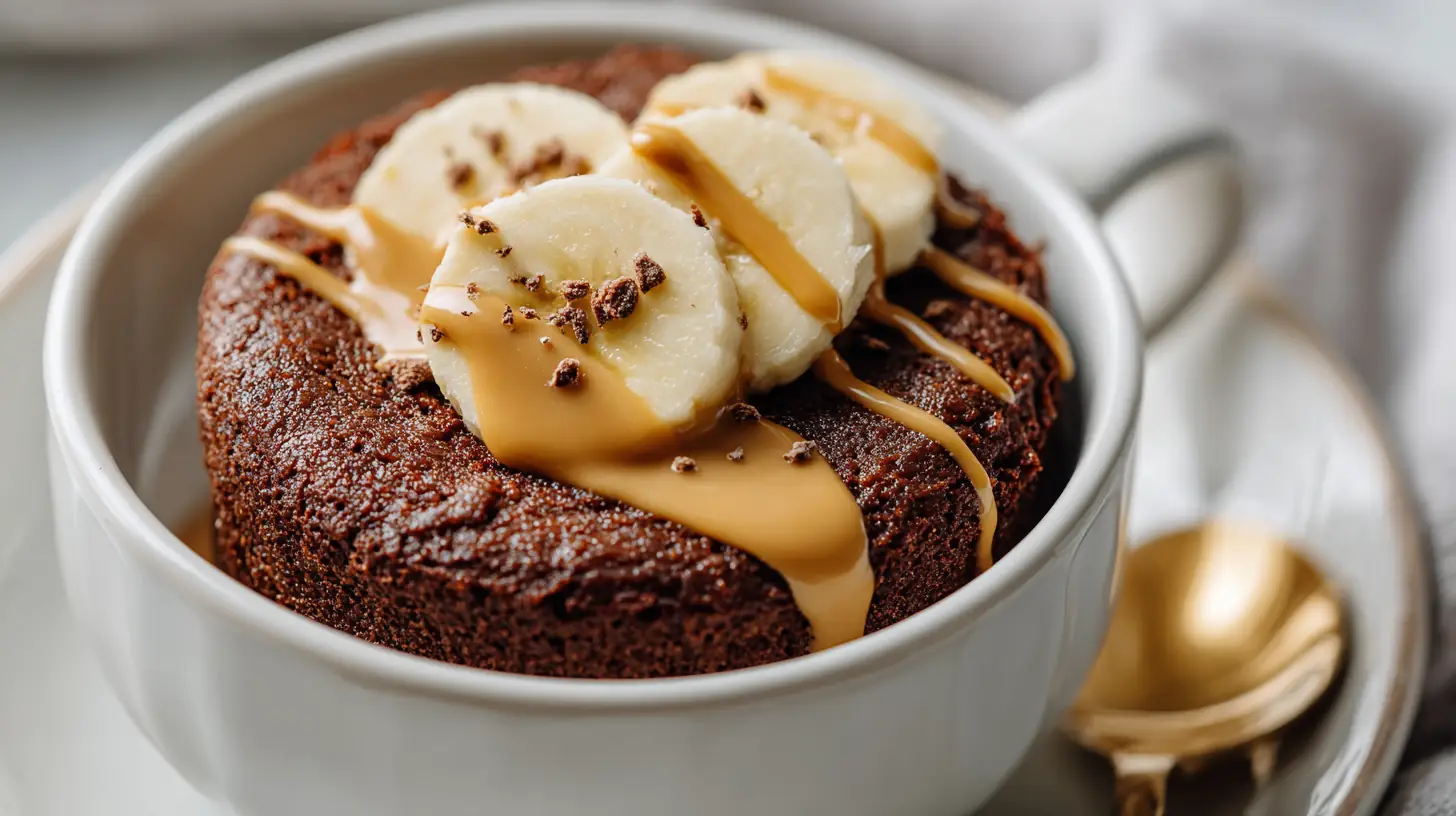 2-ingredient protein mug cake in the microwave – fluffy chocolate cake in a mug with bananas and peanut butter, the ultimate student-friendly high-protein dessert hack.