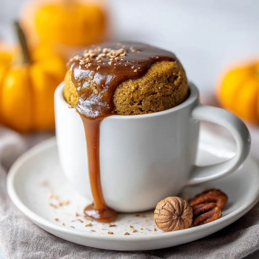 Student Budget Recipes: 12 Dorm-Friendly, Trendy & Cheap Ideas 4 3-ingredient pumpkin protein mug cake in a white cup, topped with caramel sauce, pecans, and nutmeg – easy high-protein fall dessert recipe.