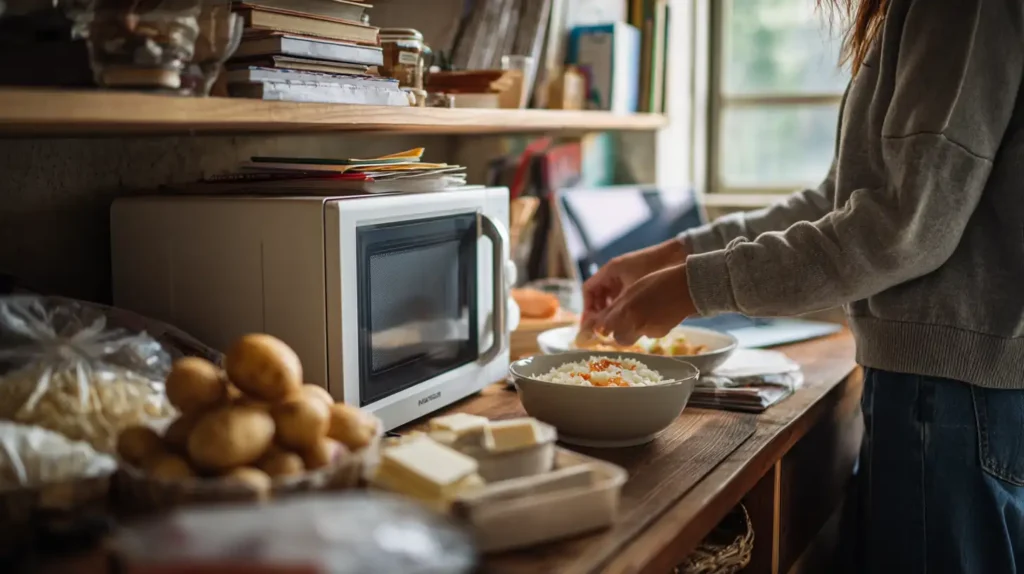 5 Cheap Microwave Meals Under 10 Minutes for College Students 1 College student preparing a cheap microwave meal in a small dorm room kitchen with affordable ingredients like potatoes, eggs, and rice.