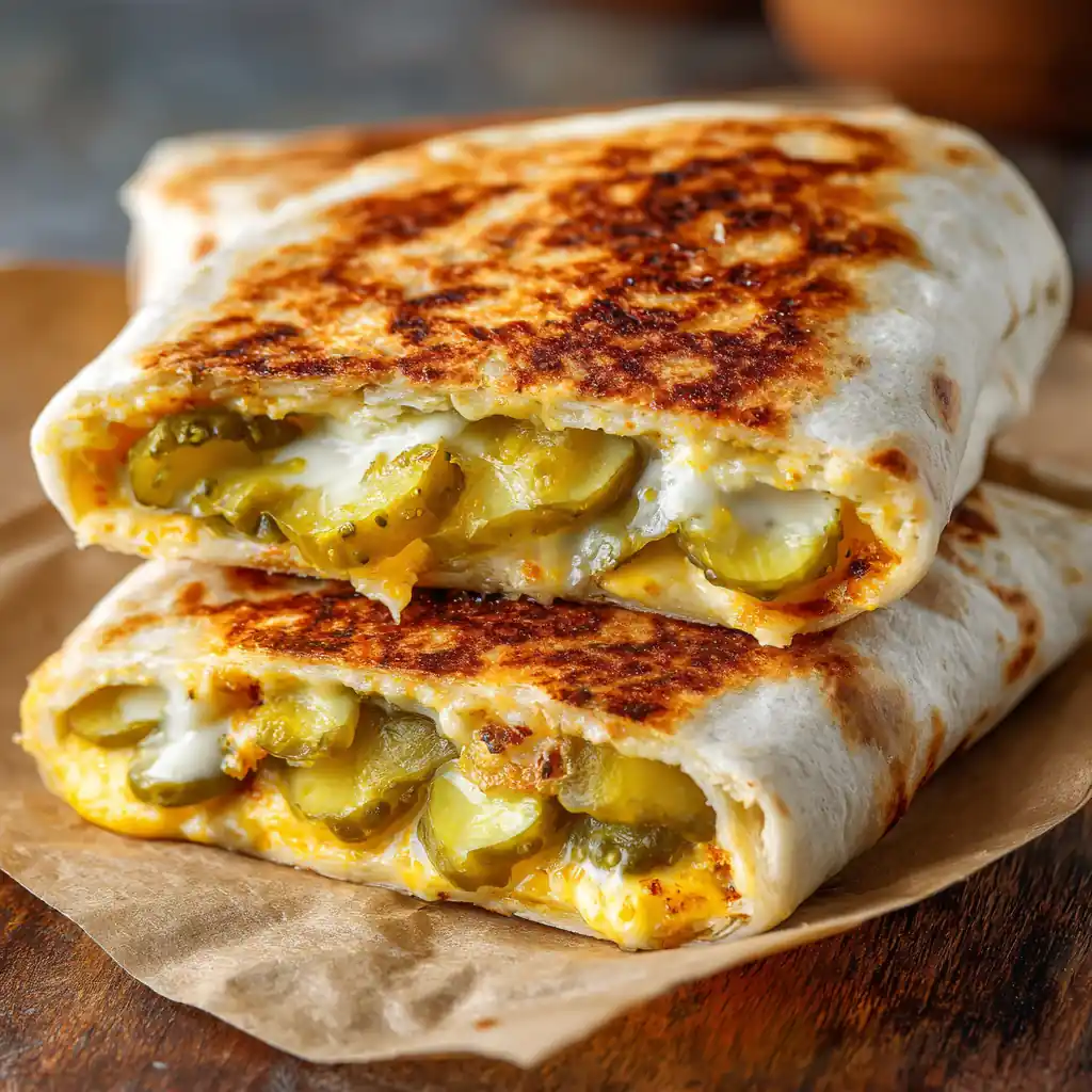 Student Budget Recipes: 12 Dorm-Friendly, Trendy & Cheap Ideas 3 Air fryer pickle grilled cheese wrap with melted cheddar, crispy tortilla, and sliced pickles – easy student-friendly recipe.