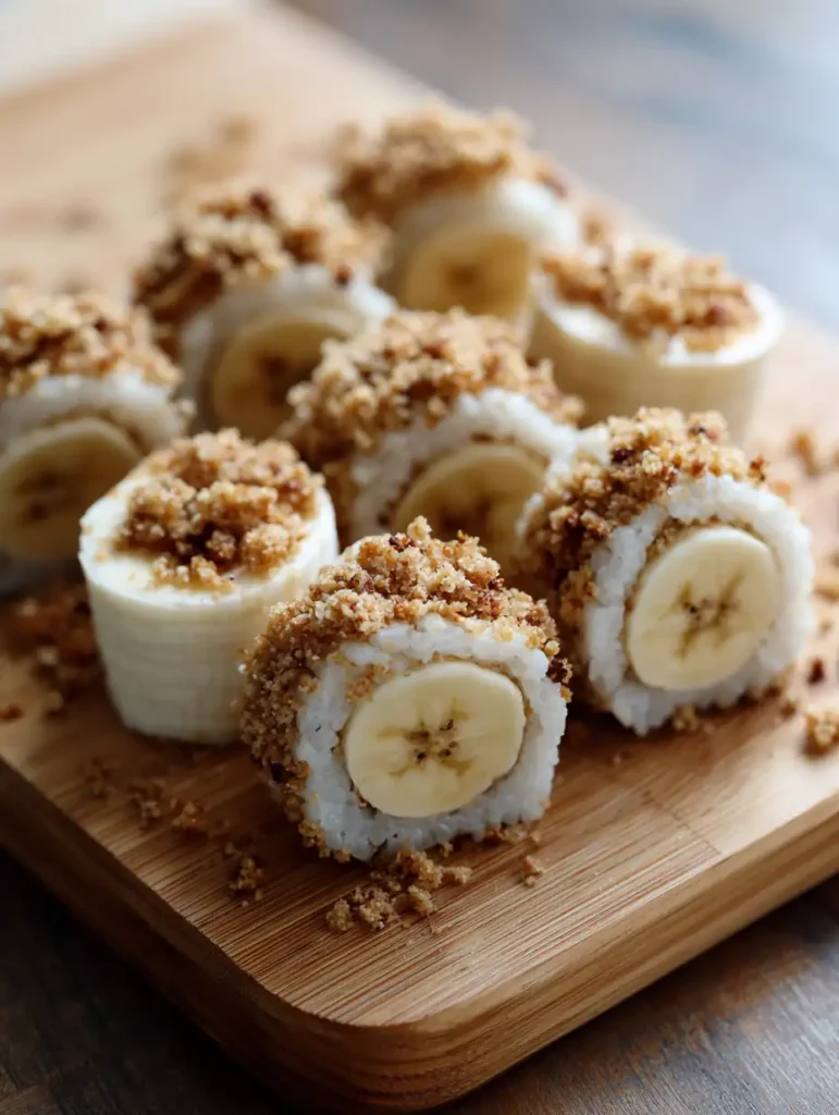 No-Cook Dorm Snacks Every Student Needs to Try 6 Banana sushi slices rolled in granola on a cutting board.