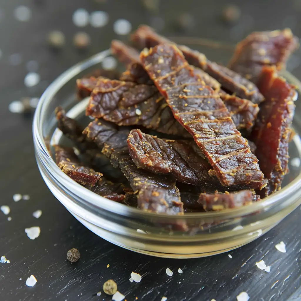 Cheap Protein Snacks You Can Keep in Your Dorm 10 Small bowl of beef jerky strips on a study desk next to a laptop.