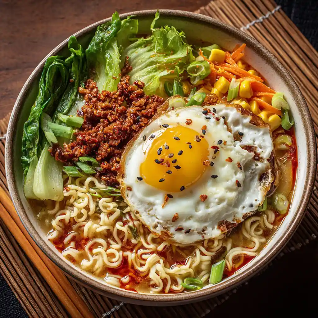 Chili Crunch Hacks: Campus Meals with a Spicy Crunch 2 Bowl of instant ramen topped with Chili Crunch, egg, and veggies.