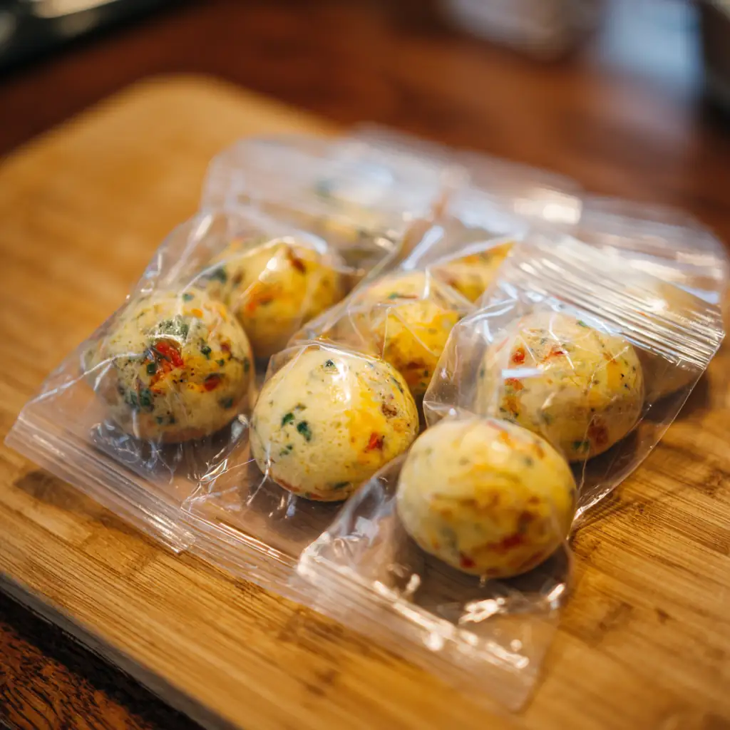 Food Saver Meal Prep: The Student’s Guide to Eating Healthy, Saving Money, and Wasting Less 4 Vacuum-sealed egg bites portioned for student breakfasts.
